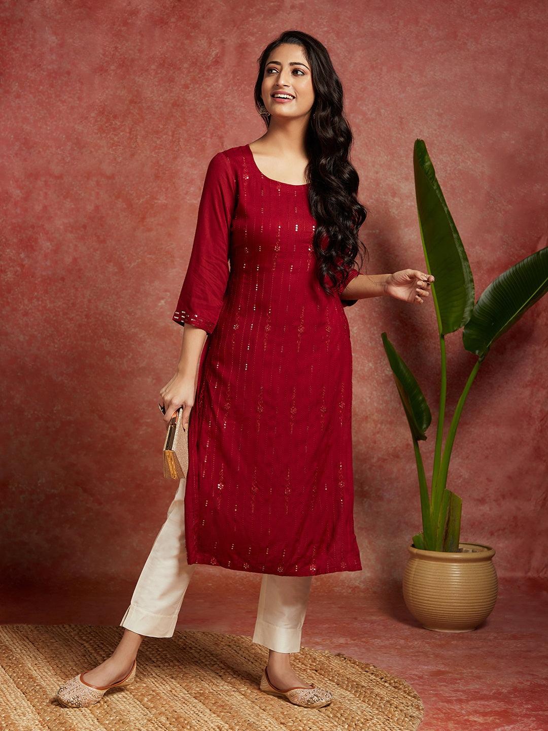 Maroon Embroidered Rayon Straight Kurta - Jashvi