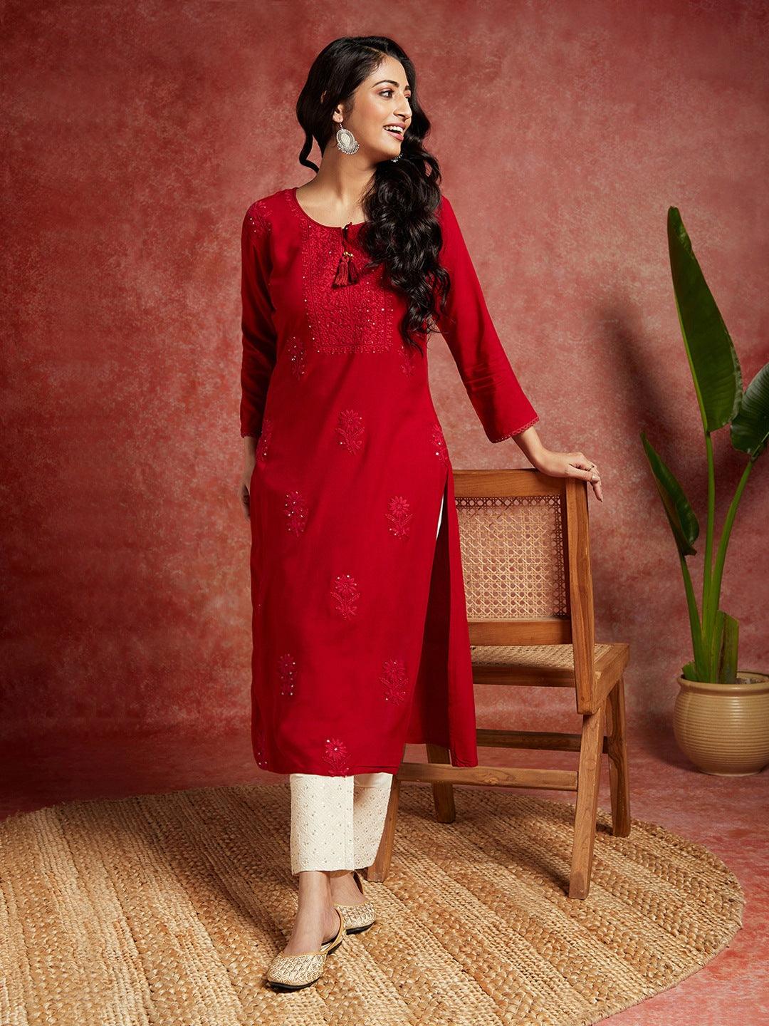 Maroon Embroidered Rayon Straight Kurta - Jashvi