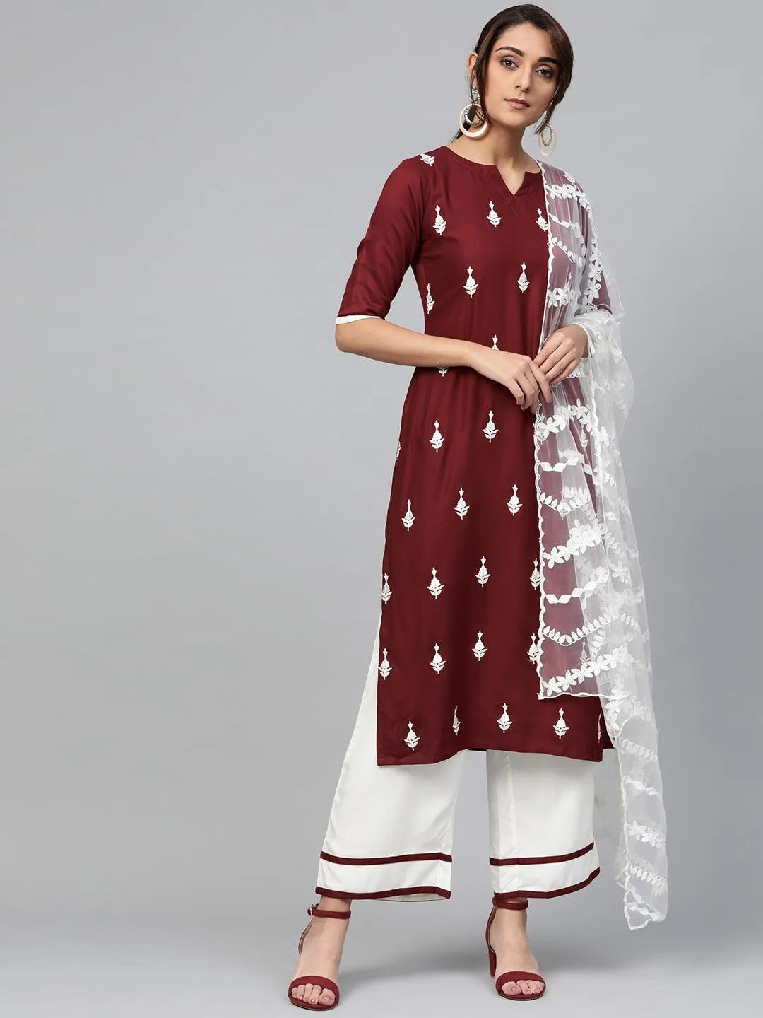 Maroon Embroidered Rayon Suit Set - Jashvi