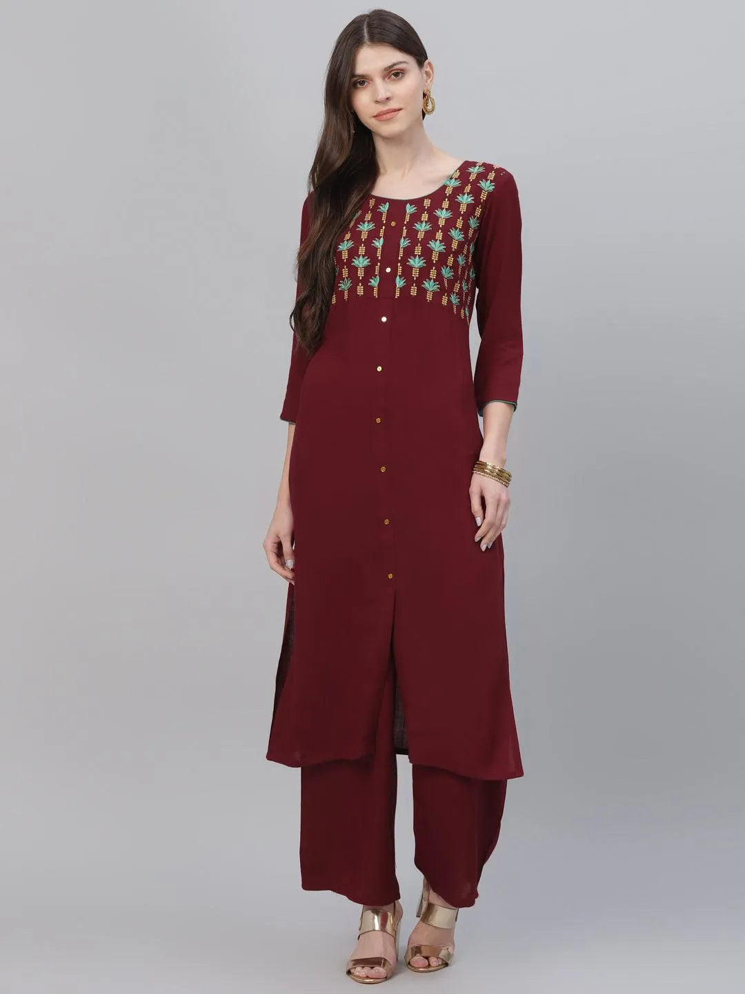 Maroon Embroidered Rayon Kurta Set - Jashvi