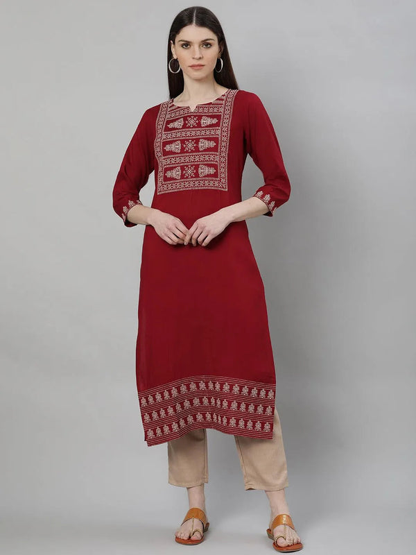 Maroon Embroidered Rayon Kurta Set - Jashvi