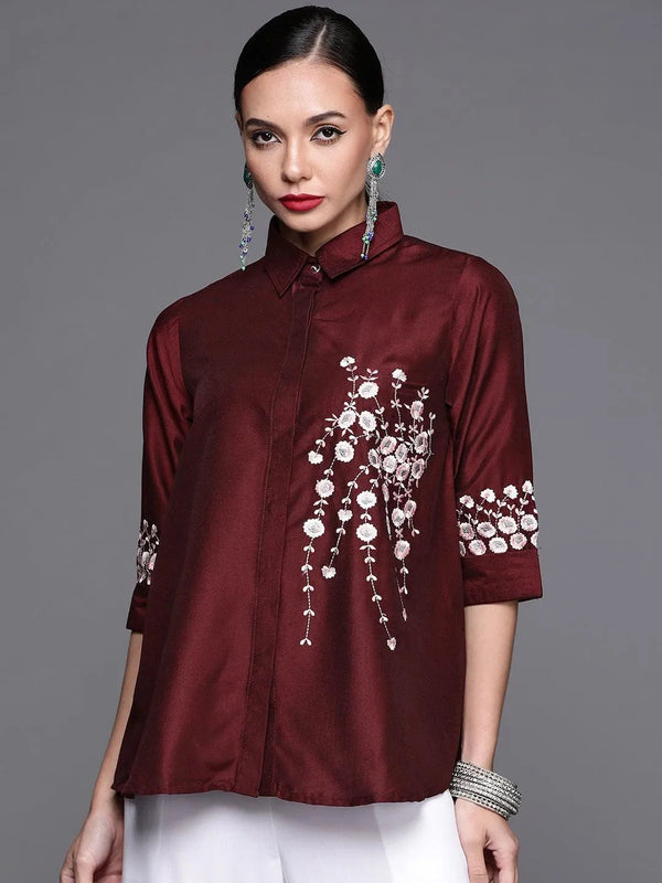 Maroon Embroidered Silk Blend Shirt - Jashvi