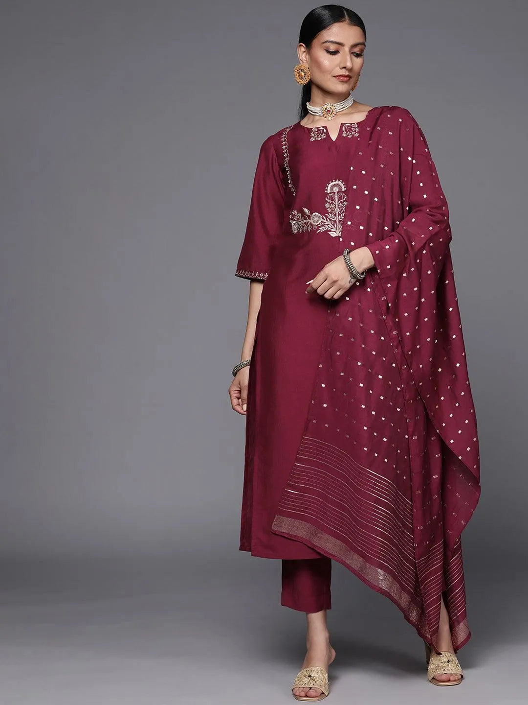 Maroon Embroidered Silk Blend Straight Suit Set - Jashvi