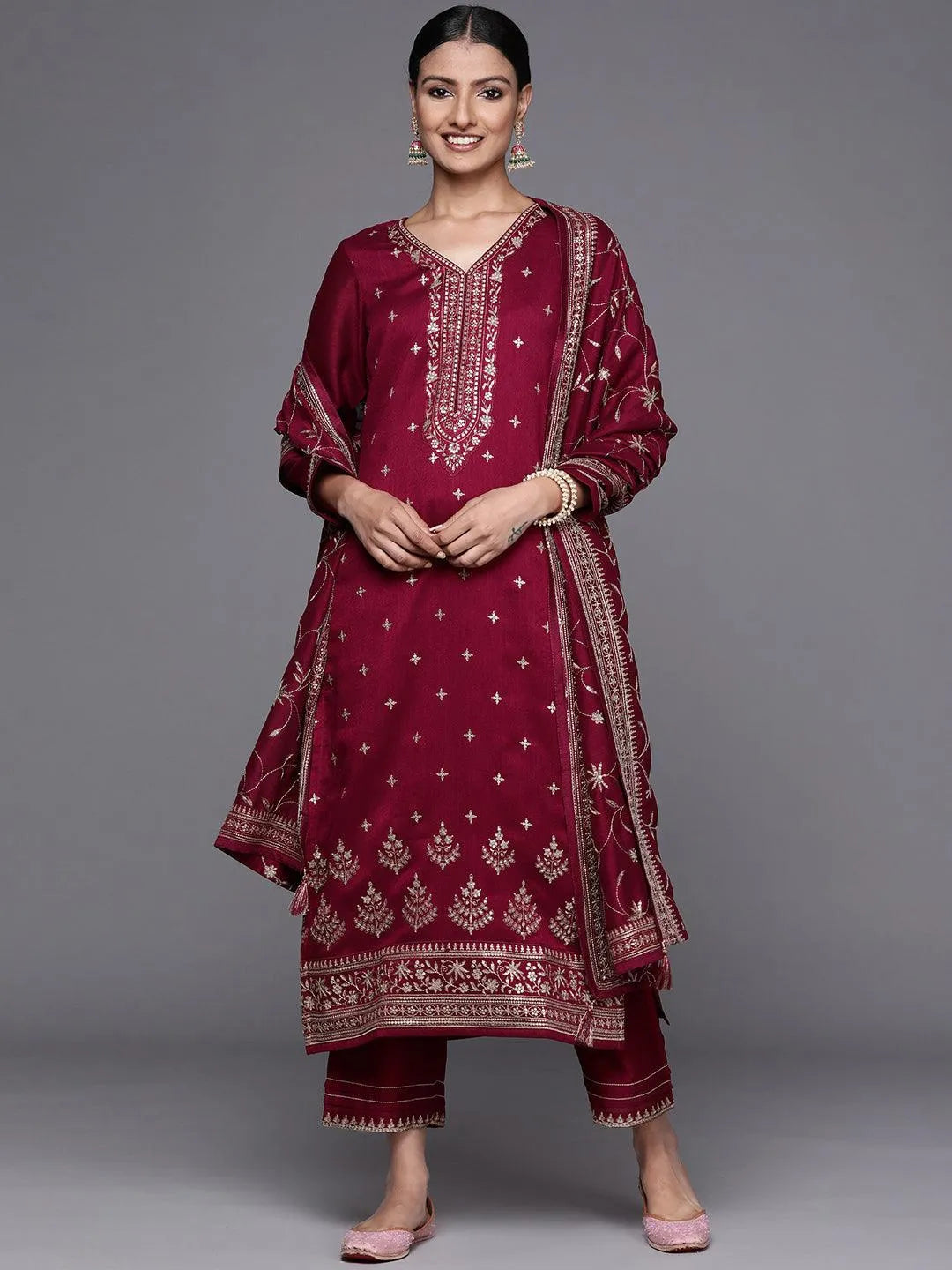 Maroon Embroidered Silk Blend Straight Suit Set - Jashvi