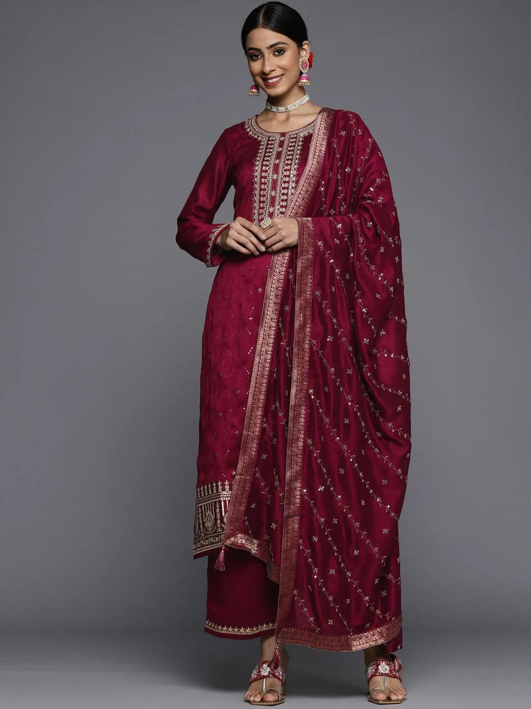 Maroon Embroidered Silk Blend Straight Suit Set - Jashvi