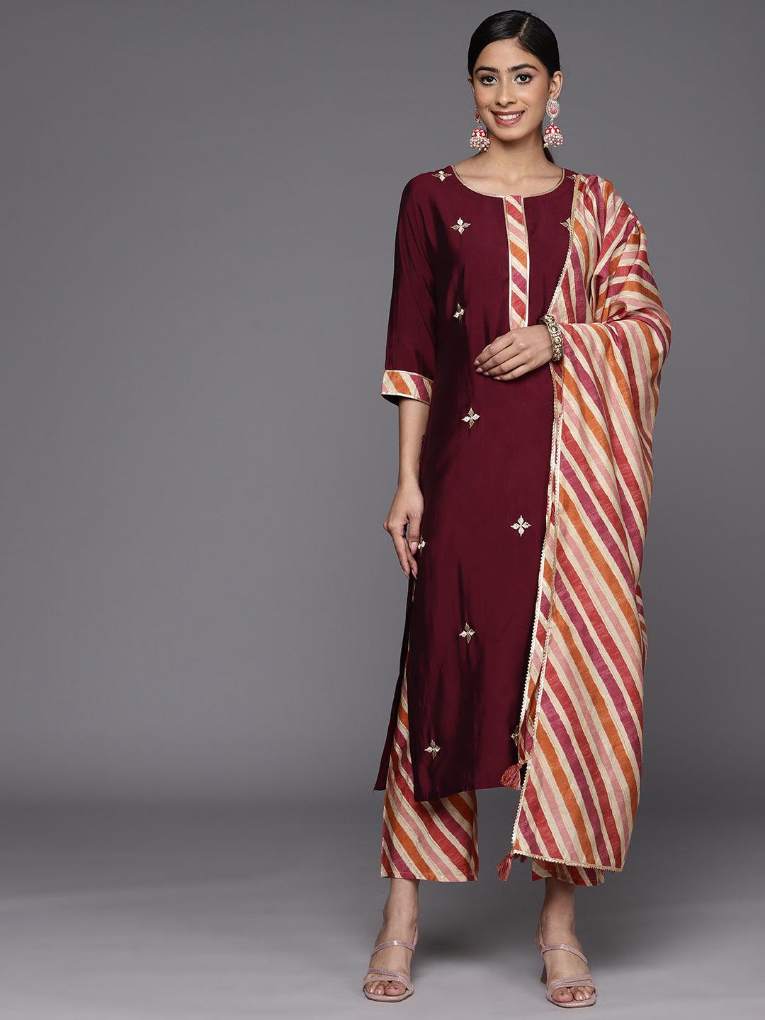 Maroon Embroidered Silk Blend Straight Suit Set With Trousers - Jashvi