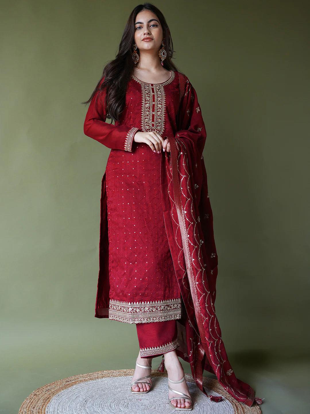 Maroon Embroidered Silk Blend Straight Kurta With Trousers & Dupatta - Jashvi