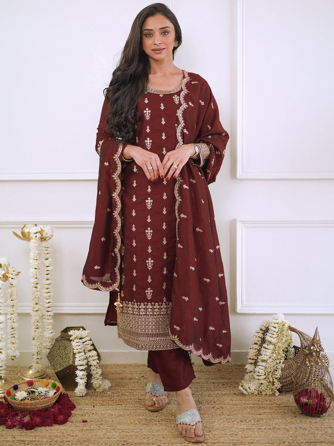 Maroon Embroidered Silk Blend Straight Kurta With Trousers & Dupatta - Jashvi