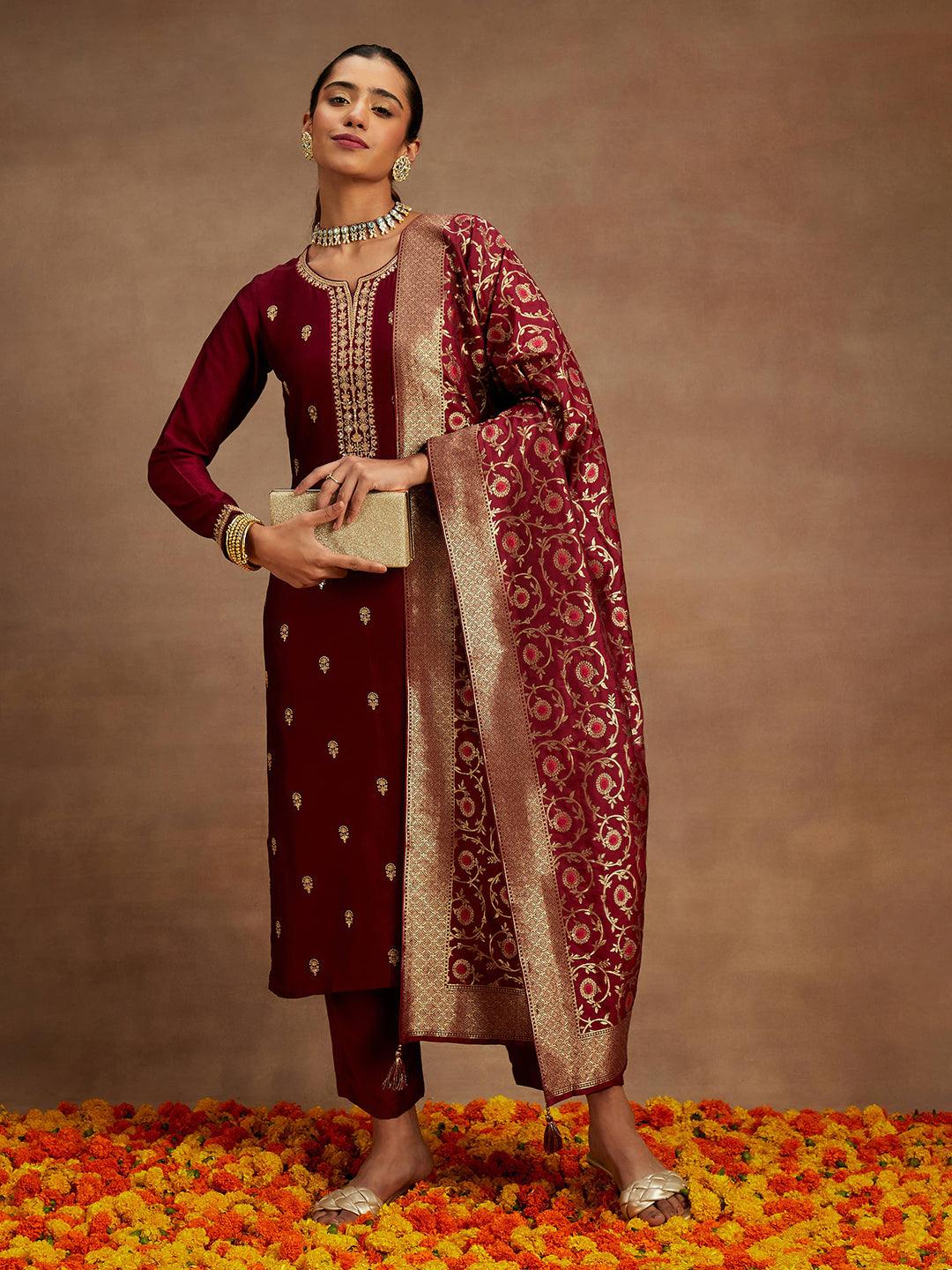 Maroon Embroidered Silk Blend Straight Kurta With Trousers & Dupatta - Jashvi