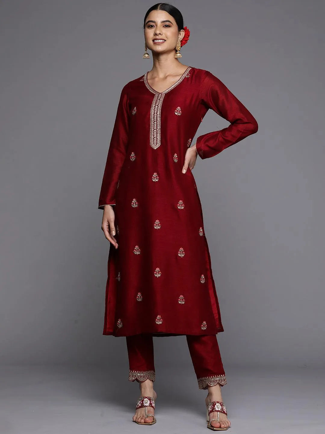 Maroon Embroidered Silk Straight Kurta - Jashvi