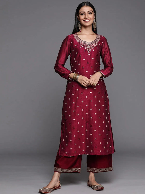 Maroon Embroidered Silk Straight Kurta - Jashvi