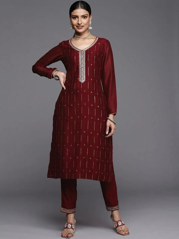 Maroon Embroidered Silk Straight Kurta - Jashvi