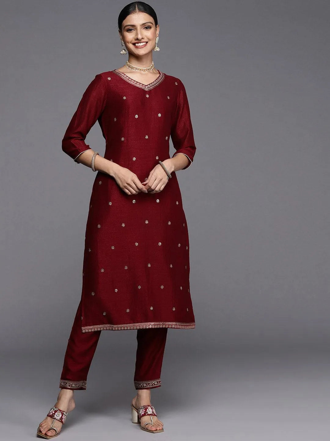 Maroon Embroidered Silk Straight Kurta - Jashvi