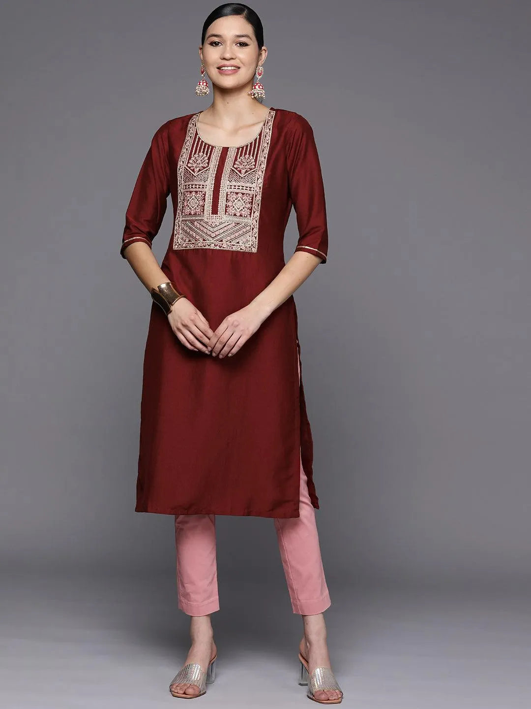 Maroon Embroidered Silk Straight Kurta - Jashvi