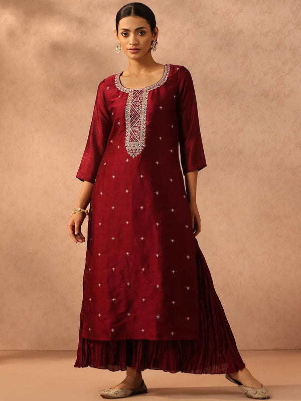 Maroon Embroidered Silk Straight Kurta - Jashvi