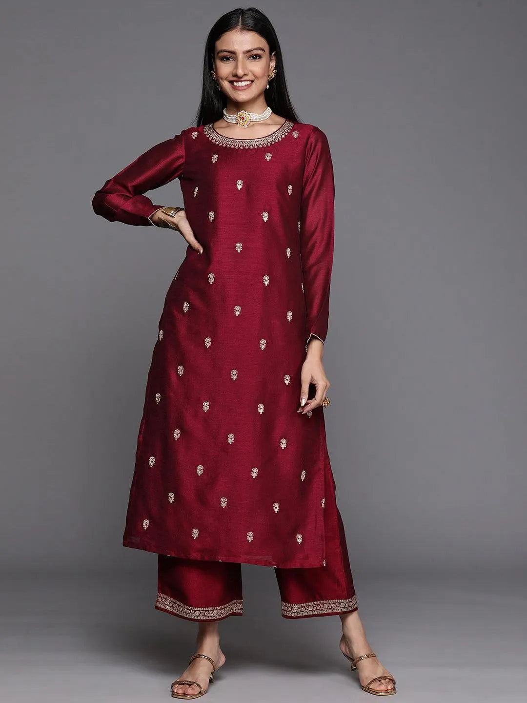 Maroon Embroidered Silk Straight Kurta - Jashvi