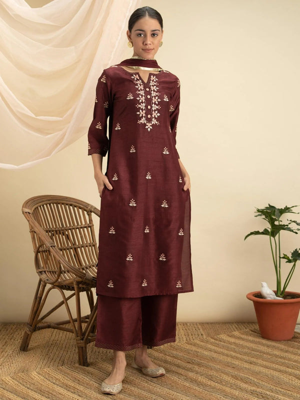 Maroon Embroidered Silk Suit Set - Jashvi