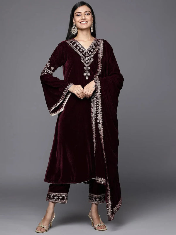 Maroon Embroidered Velvet A-Line Suit Set - Jashvi