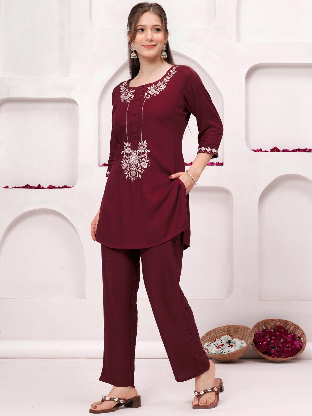 Maroon Embroidered Wool Blend Tunic With Trousers - Jashvi