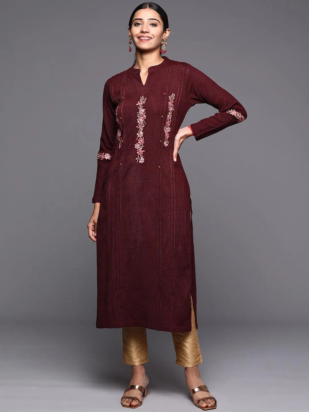 Maroon Embroidered Wool Straight Kurta - Jashvi