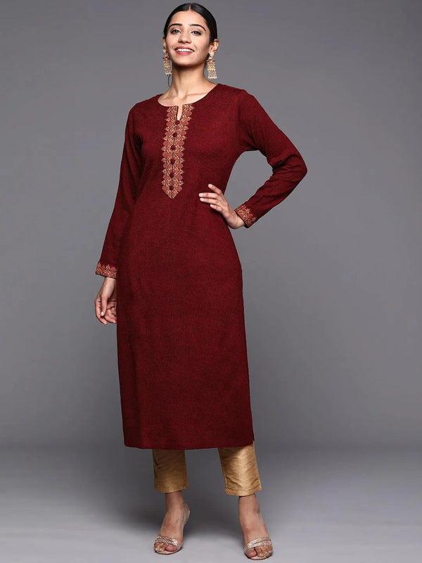 Maroon Embroidered Wool Straight Kurta - Jashvi