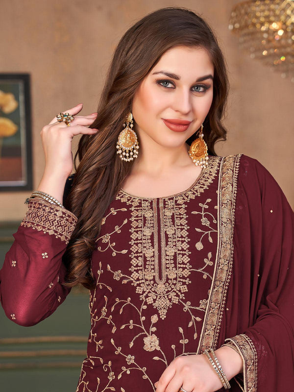 Women's Maroon Faux Georgette Heavy Designer Embroidery Kurta Set - Odette