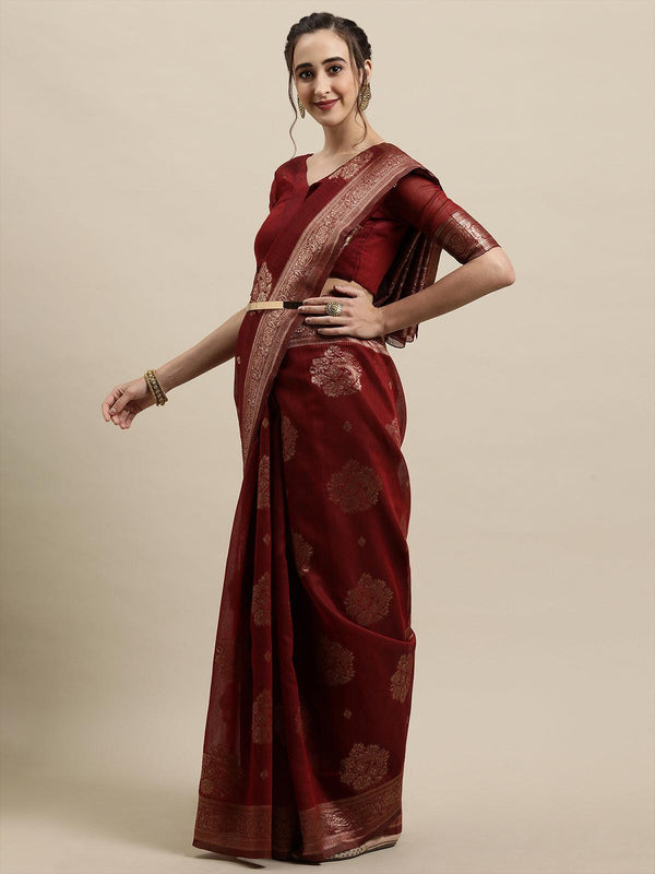 Women's Maroon Festive Linen Woven Design Saree With Unstitched Blouse - Odette