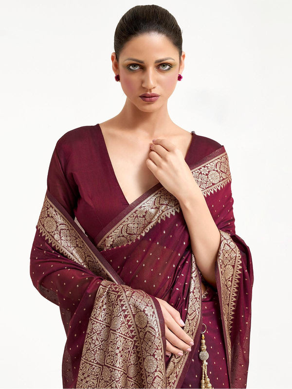 Women's Maroon Festive Silk Blend Woven Design Saree With Unstitched Blouse - Odette