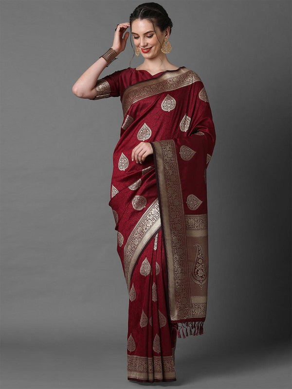 Women's Maroon Festive Silk Blend Woven Design Saree With Unstitched Blouse - Odette