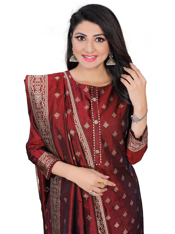 Women's Maroon Heavy Jacquard Kurta Sets  - Odette