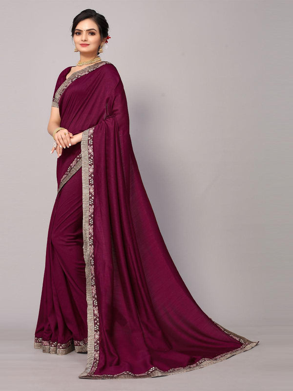 Women's Maroon Poly Silk Embroidery Border Work Saree With Blouse - Odette