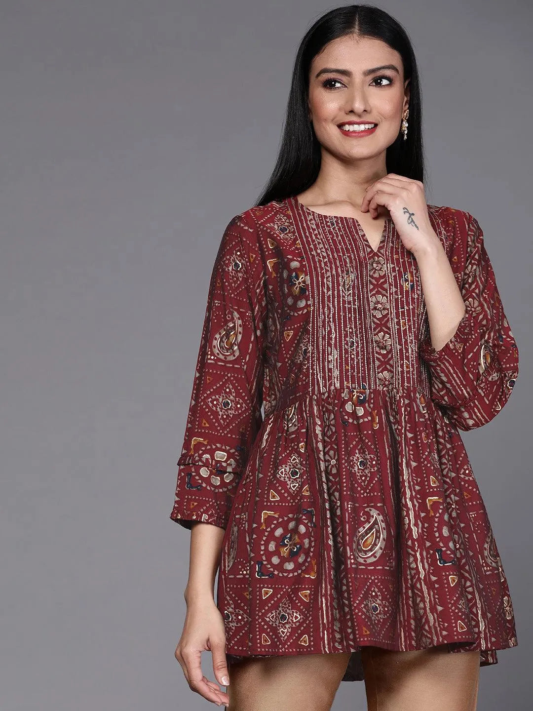 Maroon Printed A-Line Kurti - Jashvi