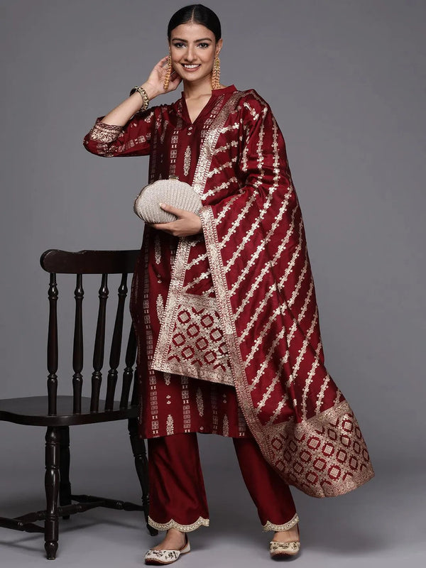 Maroon Printed Chanderi Silk Straight Suit Set - Jashvi