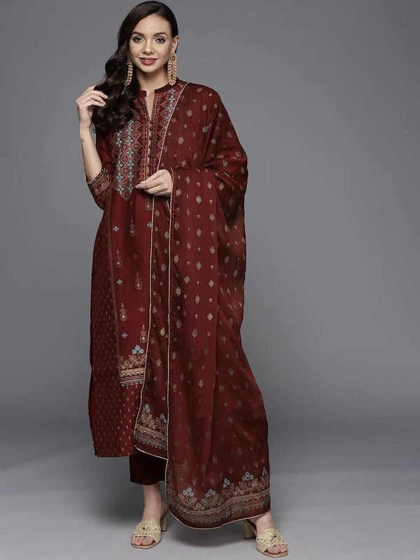 Maroon Printed Chanderi Silk Suit Set - Jashvi