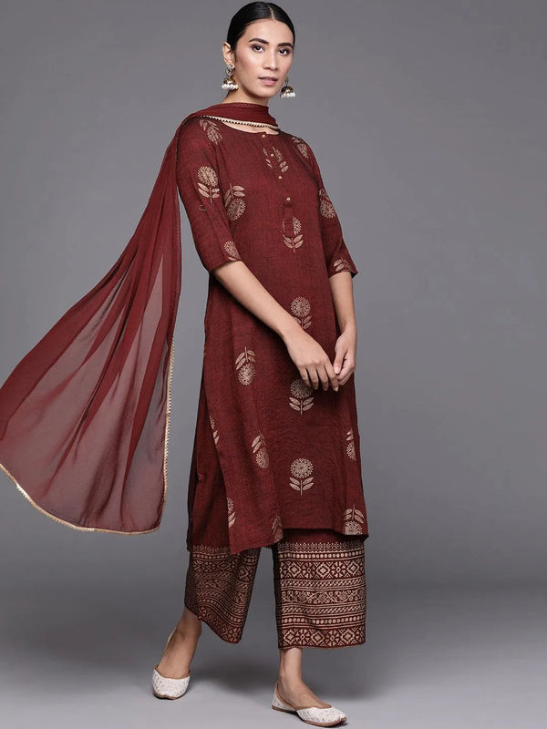 Maroon Printed Chanderi Silk Suit Set - Jashvi