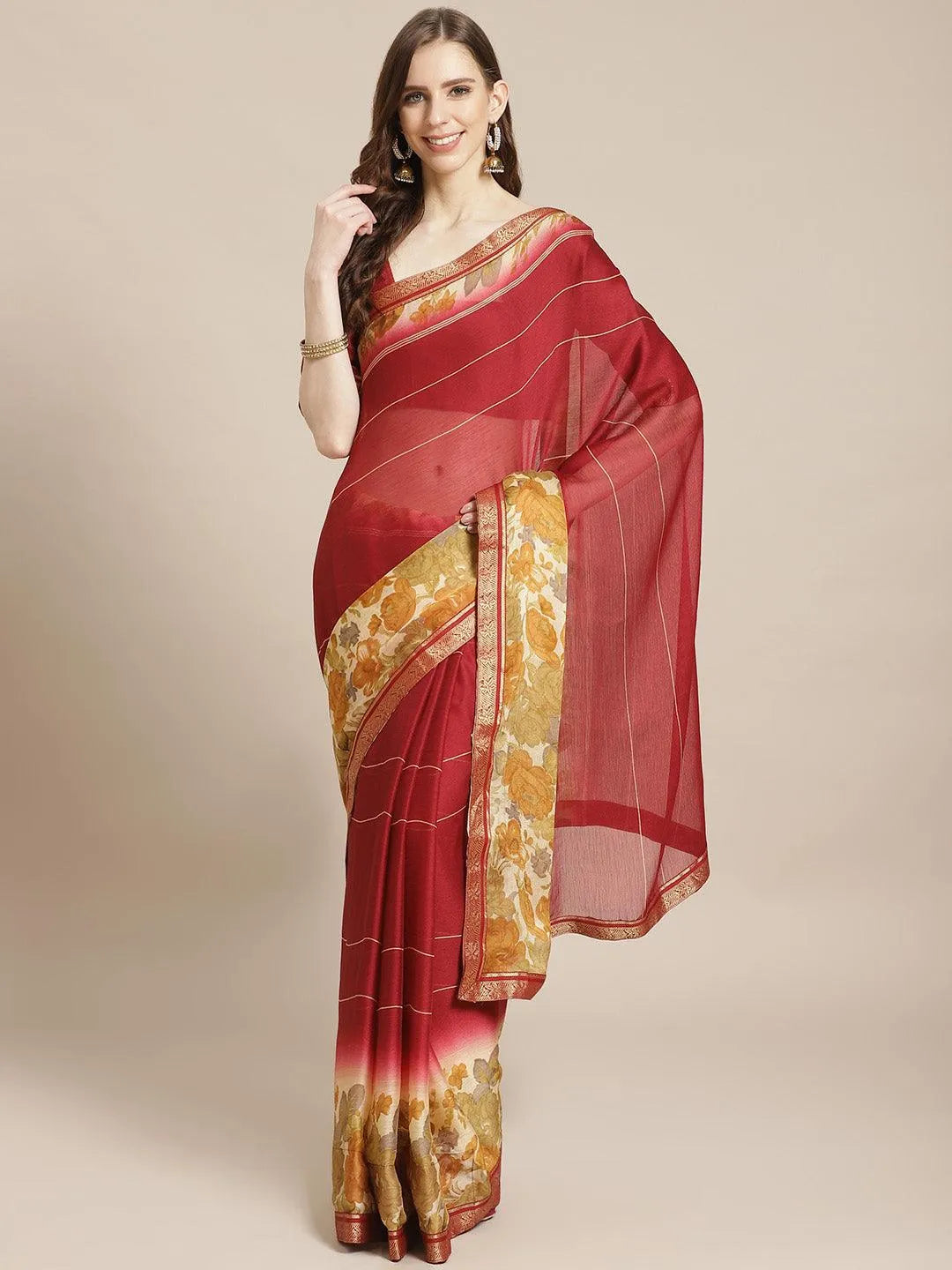 Maroon Printed Chiffon Saree - Jashvi