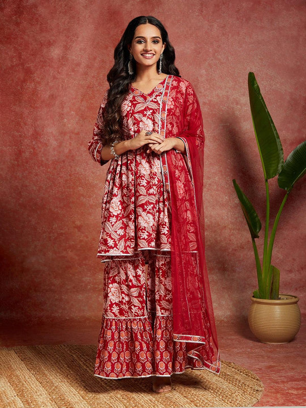 Maroon Printed Cotton A-Line Kurta With Sharara & Dupatta - Jashvi