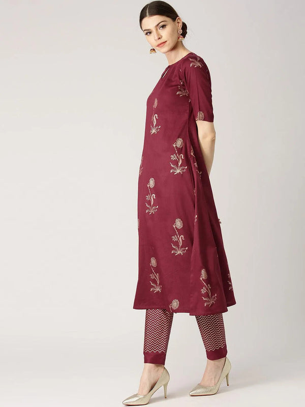 Maroon Printed Cotton Kurta Set - Jashvi