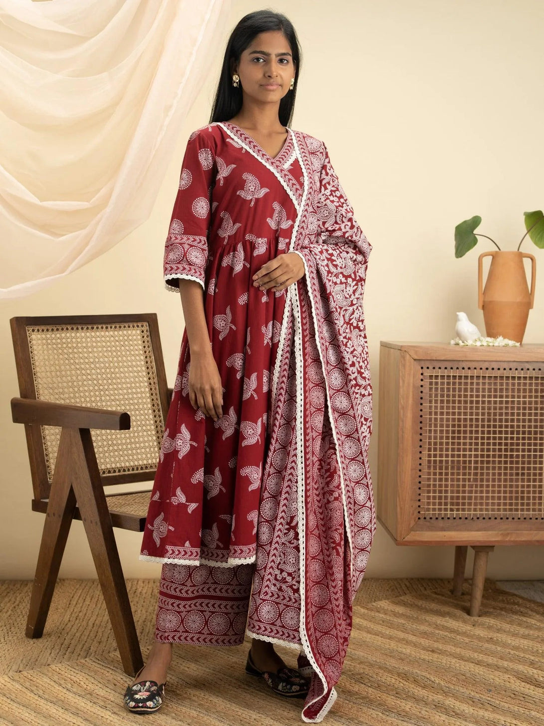 Maroon Printed Cotton Suit Set - Jashvi