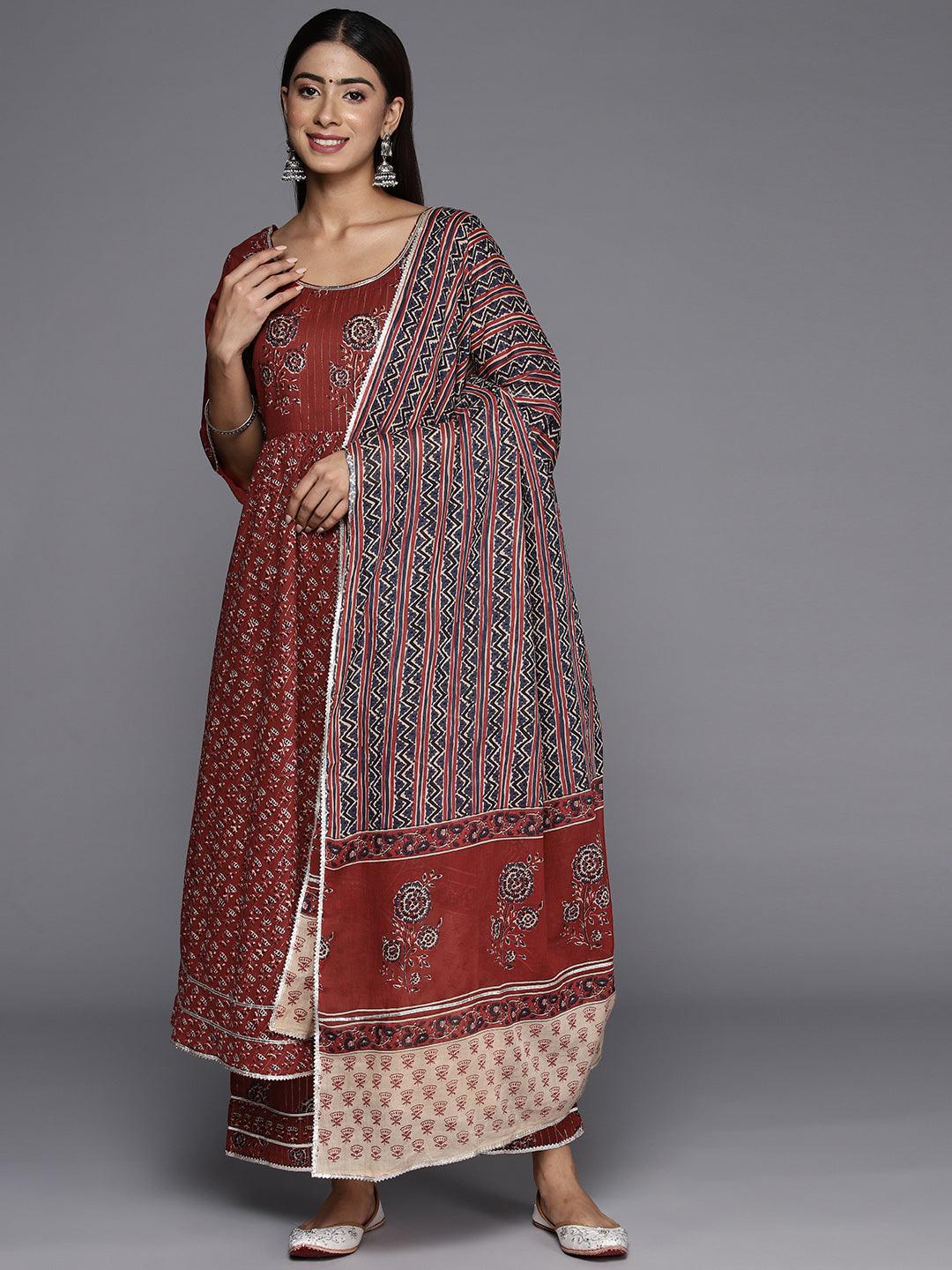 Maroon Printed Cotton Anarkali Kurta With Trousers & Dupatta - Jashvi