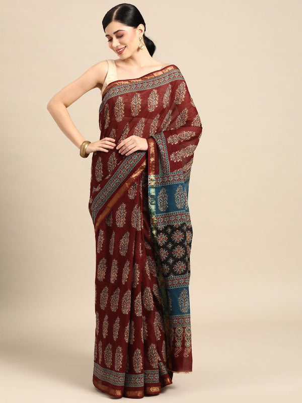 Maroon Printed Cotton Saree - Jashvi