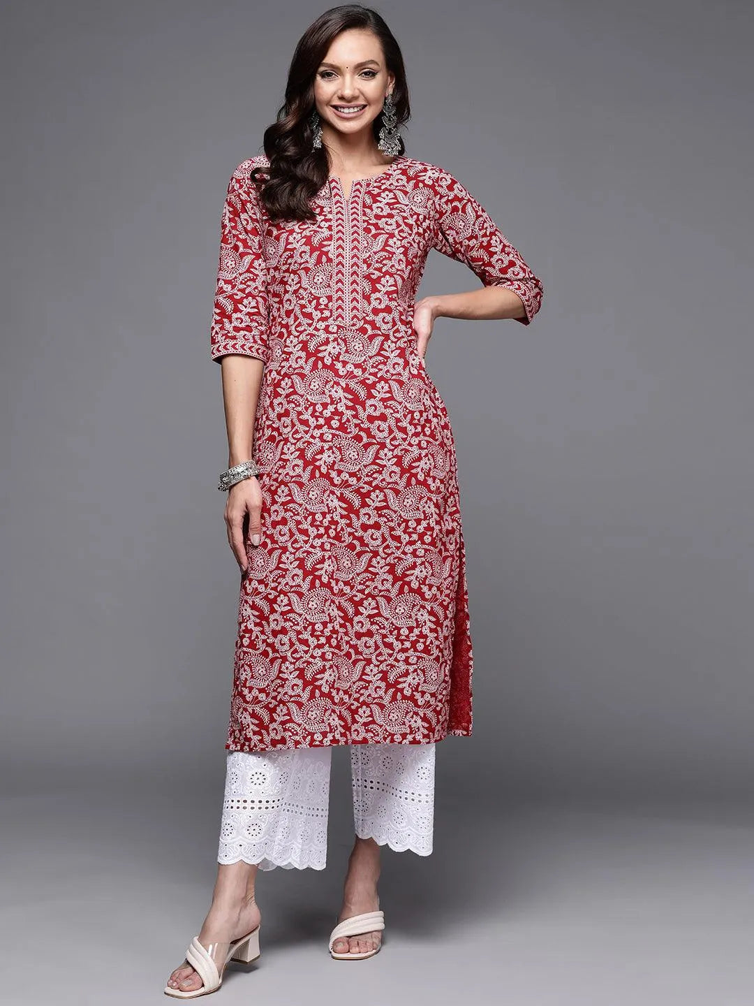 Maroon Printed Cotton Straight Kurta - Jashvi