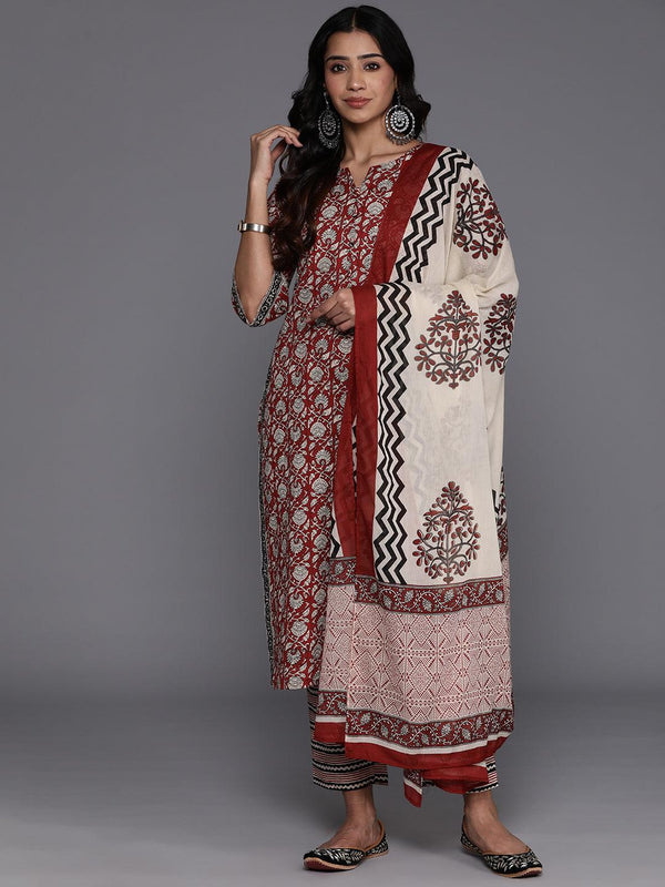 Maroon Printed Cotton Straight Kurta With Palazzos & Dupatta - Jashvi