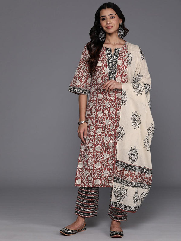 Maroon Printed Cotton Straight Kurta With Palazzos & Dupatta - Jashvi