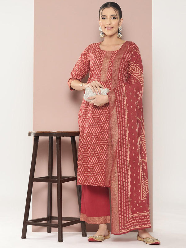 Maroon Printed Cotton Straight Kurta With Palazzos & Dupatta - Jashvi