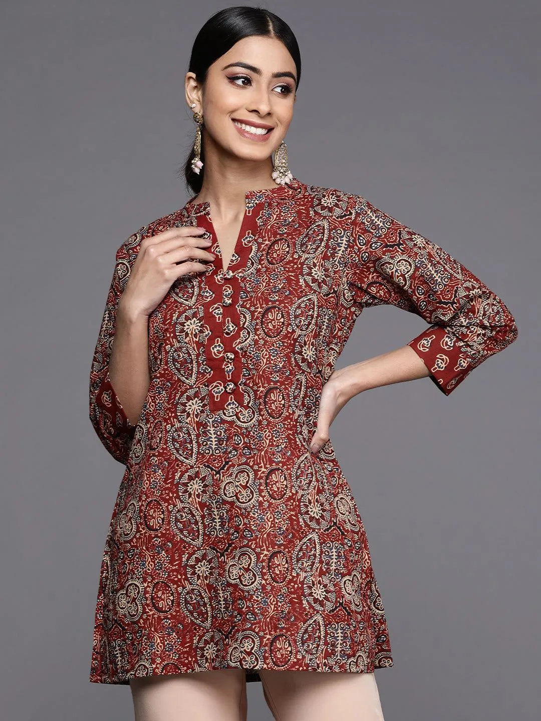 Maroon Printed Cotton Straight Kurti - Jashvi