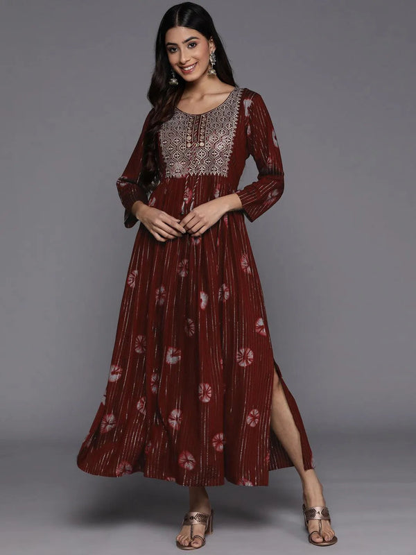 Maroon Printed Fit and Flare Rayon Dress - Jashvi