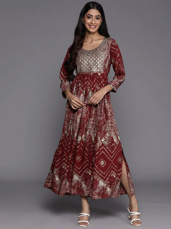 Maroon Printed Fit and Flare Rayon Dress - Jashvi