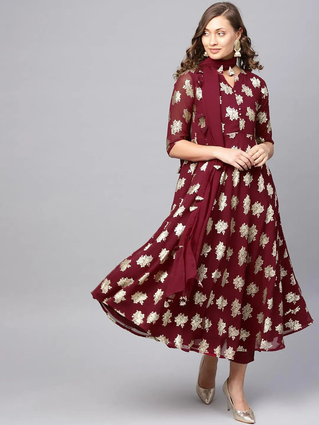 Maroon Printed Georgette Suit Set - Jashvi