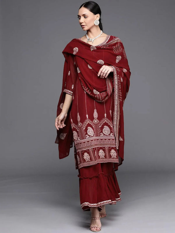 Maroon Printed Georgette Suit Set - Jashvi